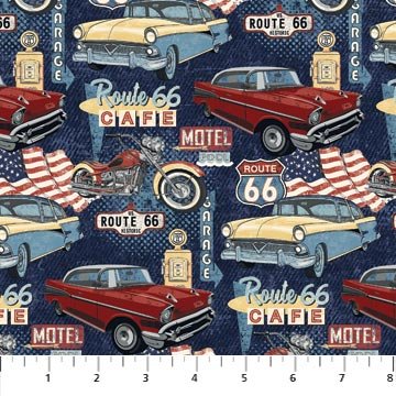 Route 66 - Digital - Cars and Cycles - Navy/Multi